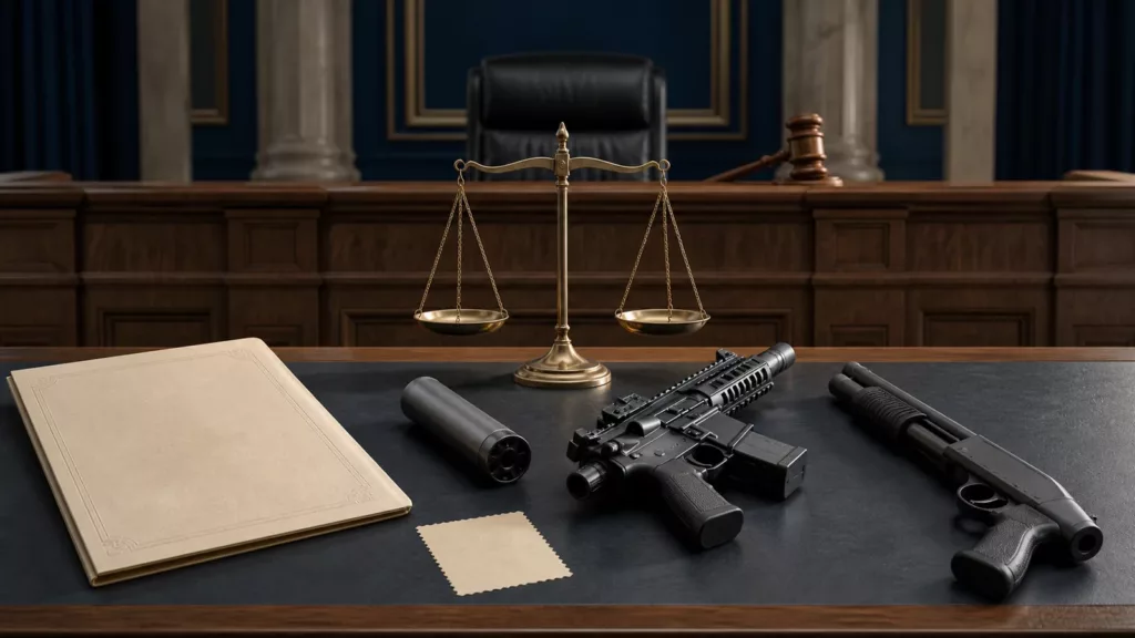 Federal courtroom with scales of justice and safely displayed NFA-regulated firearms