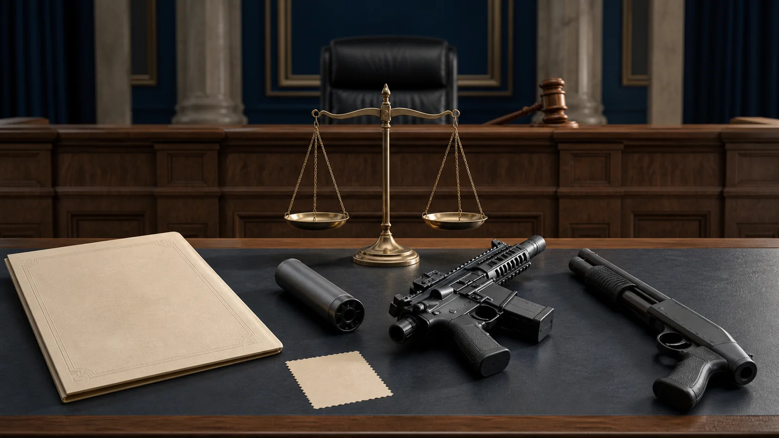 Federal courtroom with scales of justice and safely displayed NFA-regulated firearms