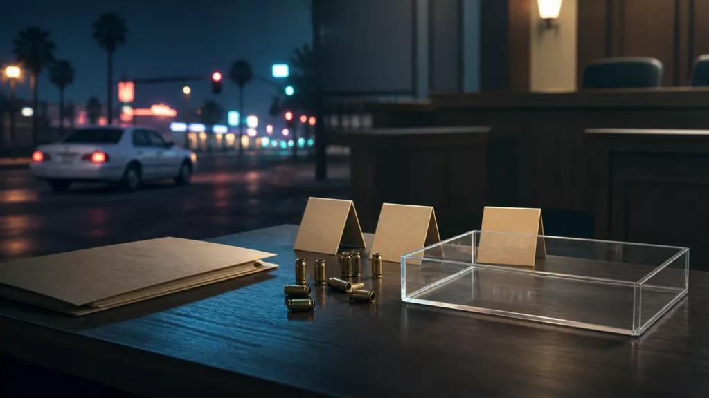 Editorial illustration of cartridge cases, an empty evidence tray, a courtroom, and a white sedan at night