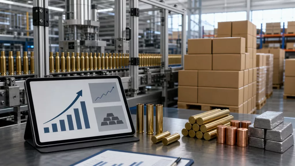 Ammunition production line, shipping cartons and an abstract demand chart beside metal inputs