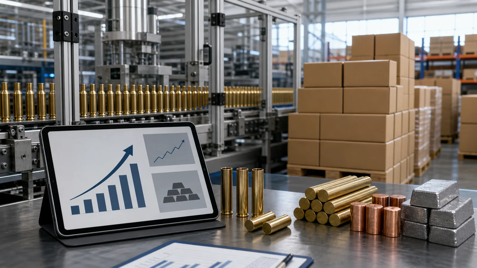 Ammunition production line, shipping cartons and an abstract demand chart beside metal inputs