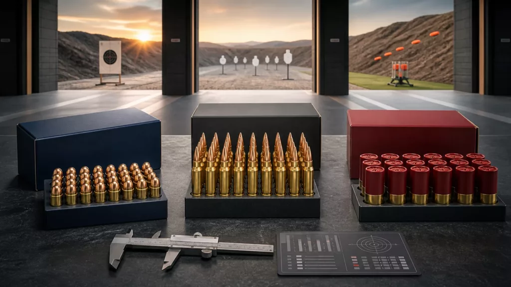 Editorial illustration of competition pistol, rifle and shotshell ammunition at a shooting range
