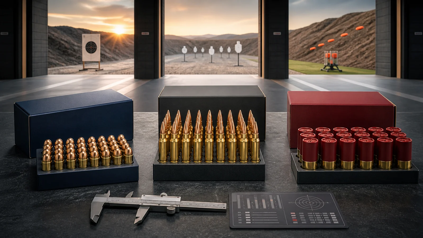 Editorial illustration of competition pistol, rifle and shotshell ammunition at a shooting range