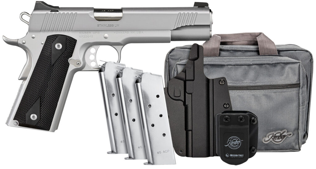 Kimber Mfg, Inc 3700826 Stainless LW Club Bundle Full Size Frame 45 ACP 7+1 5" Stainless Match Grade Barrel, Serrated Stainless Steel Slide, Stainless Aluminum Frame w/Beavertail, Black Textured Grip
