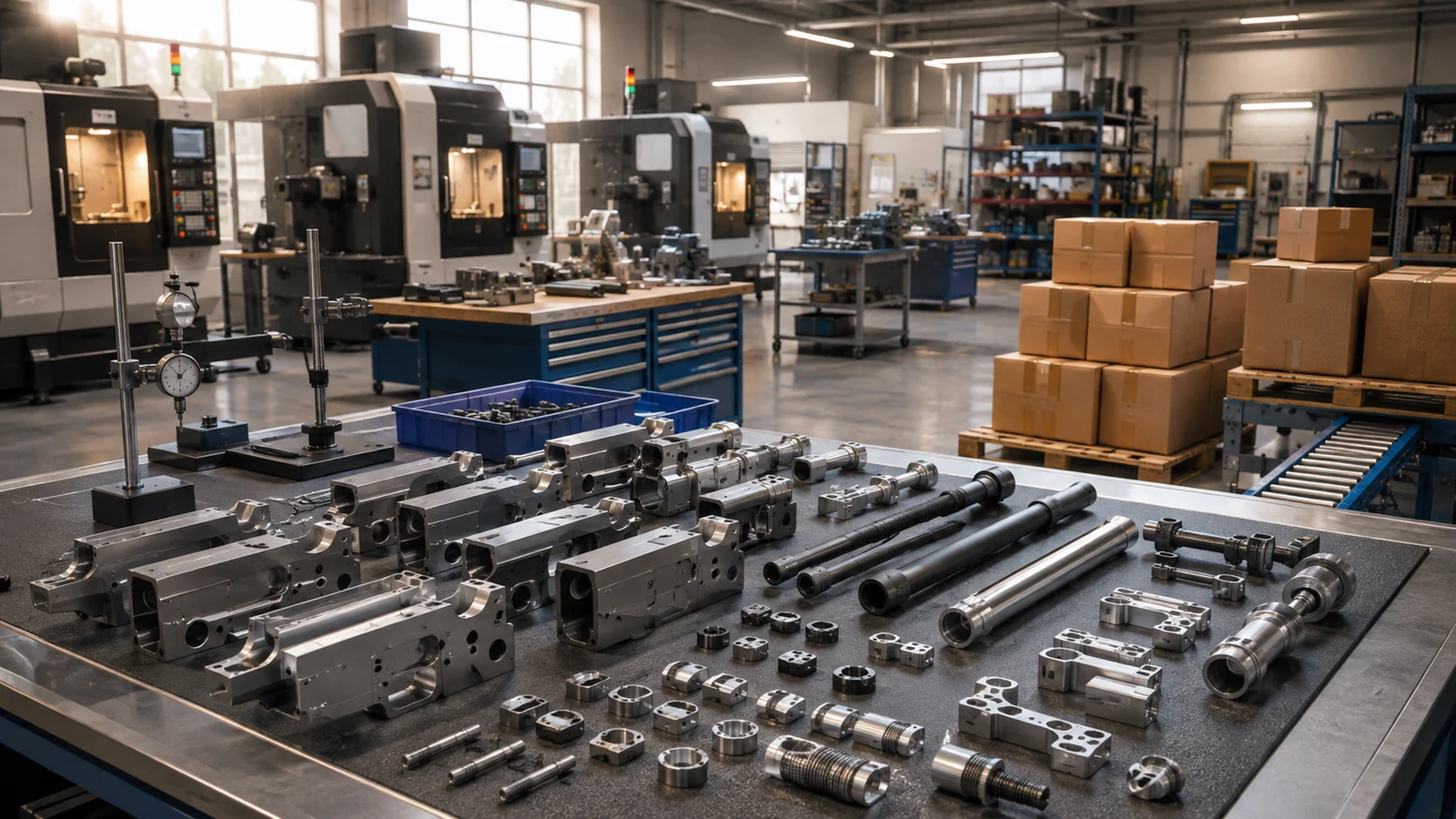 Editorial illustration of a precision manufacturing floor restarting production of unbranded firearm components