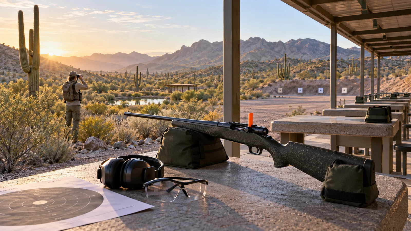 Secured sporting rifle at an Arizona public range overlooking a desert conservation landscape