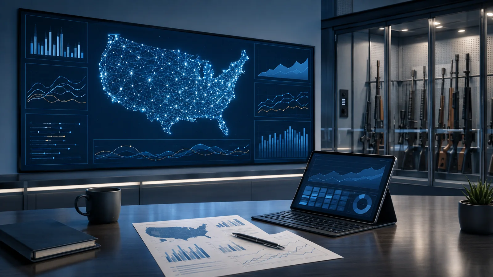 Abstract United States background-check data displayed beside a locked case of secured sporting firearms.