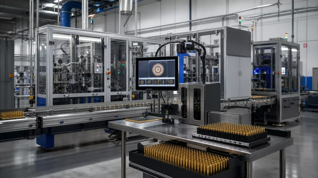 Editorial illustration of automated ammunition loading and machine-vision inspection equipment in a modern factory.
