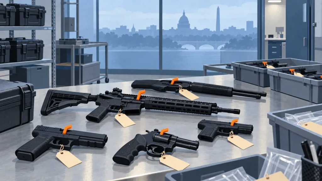 Editorial illustration of secured recovered firearms in an evidence room with the Washington, D.C. skyline.