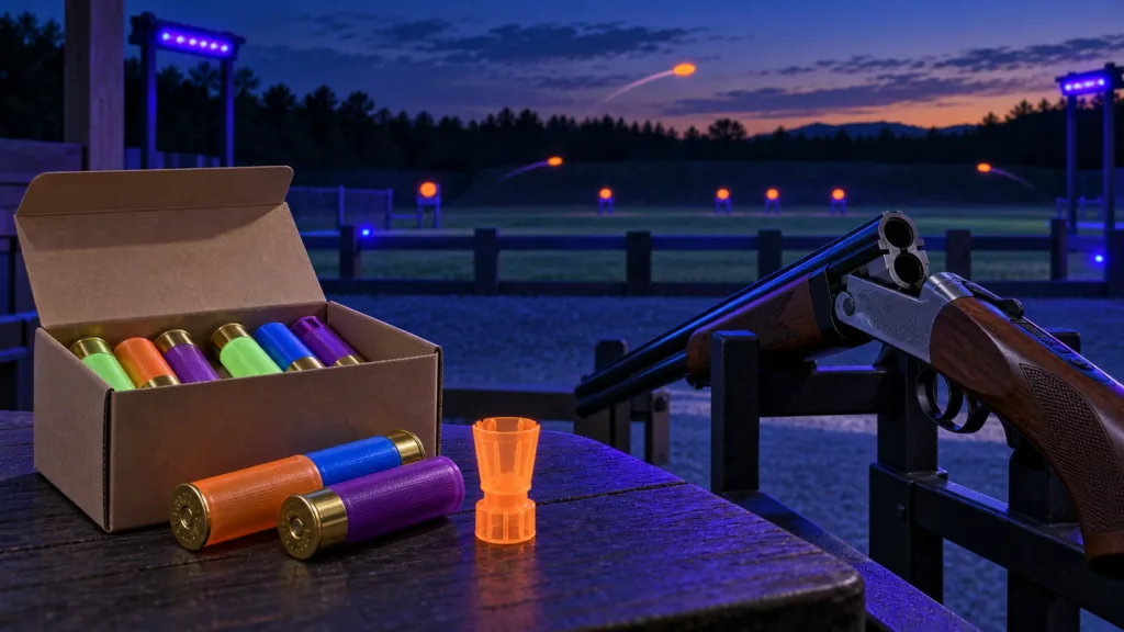 Editorial illustration of colorful target shotshells and a fluorescent wad beside an open sporting shotgun at a nighttime clay range.