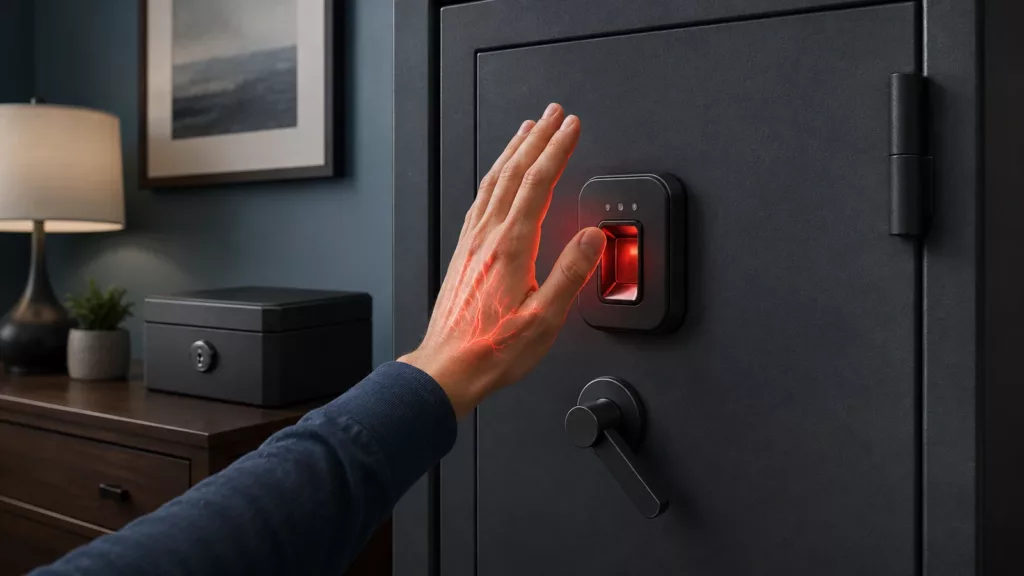 Editorial illustration of a hand using palm-vein recognition on a closed steel gun safe