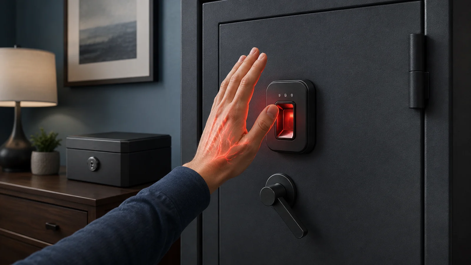 Editorial illustration of a hand using palm-vein recognition on a closed steel gun safe
