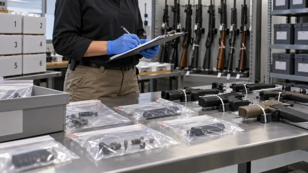 Firearms evidence room with sealed components and secured unloaded firearms