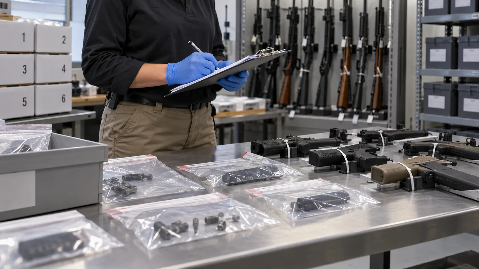 Firearms evidence room with sealed components and secured unloaded firearms