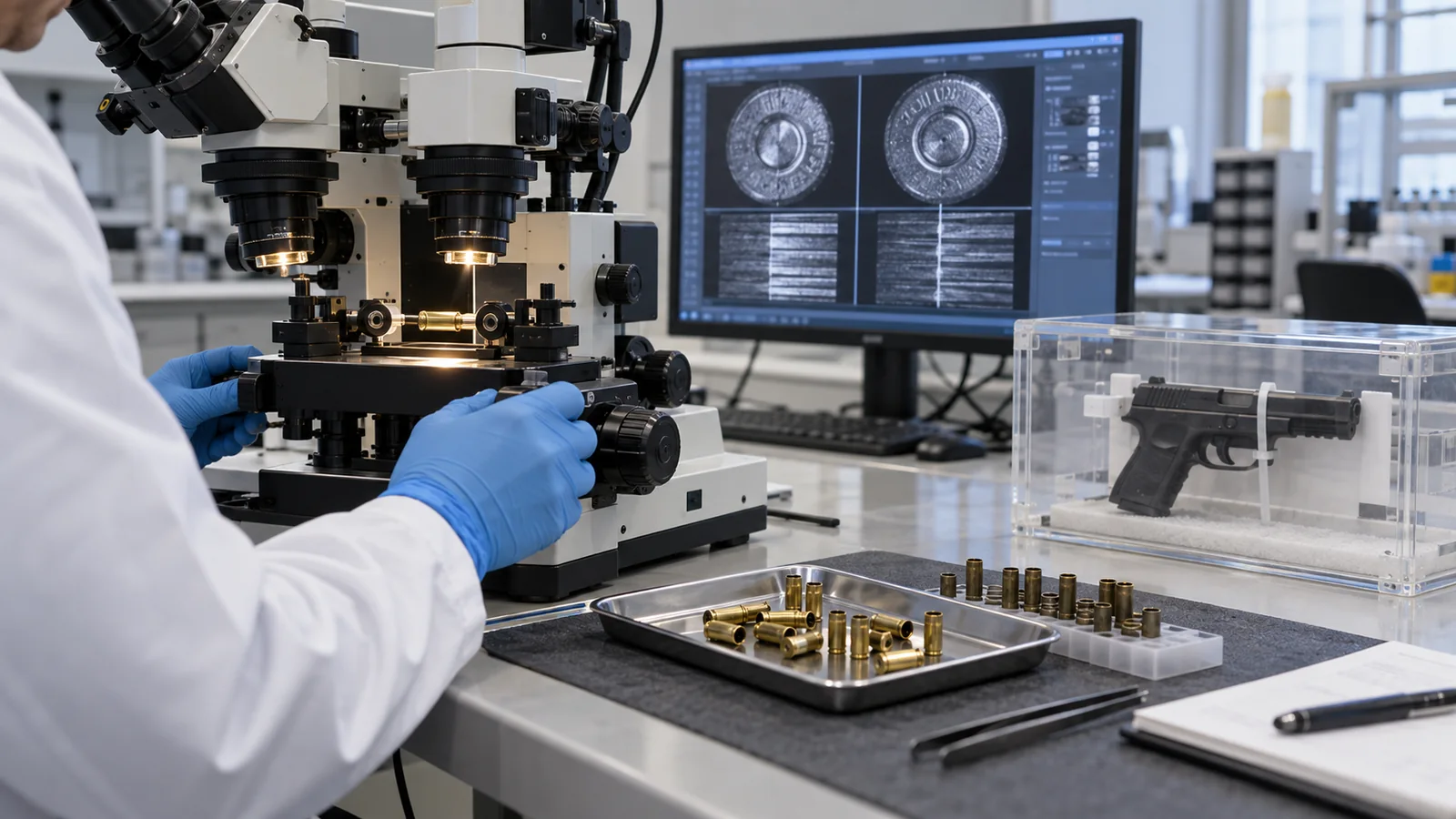 Forensic ballistics laboratory comparing cartridge cases beside a secured handgun evidence container