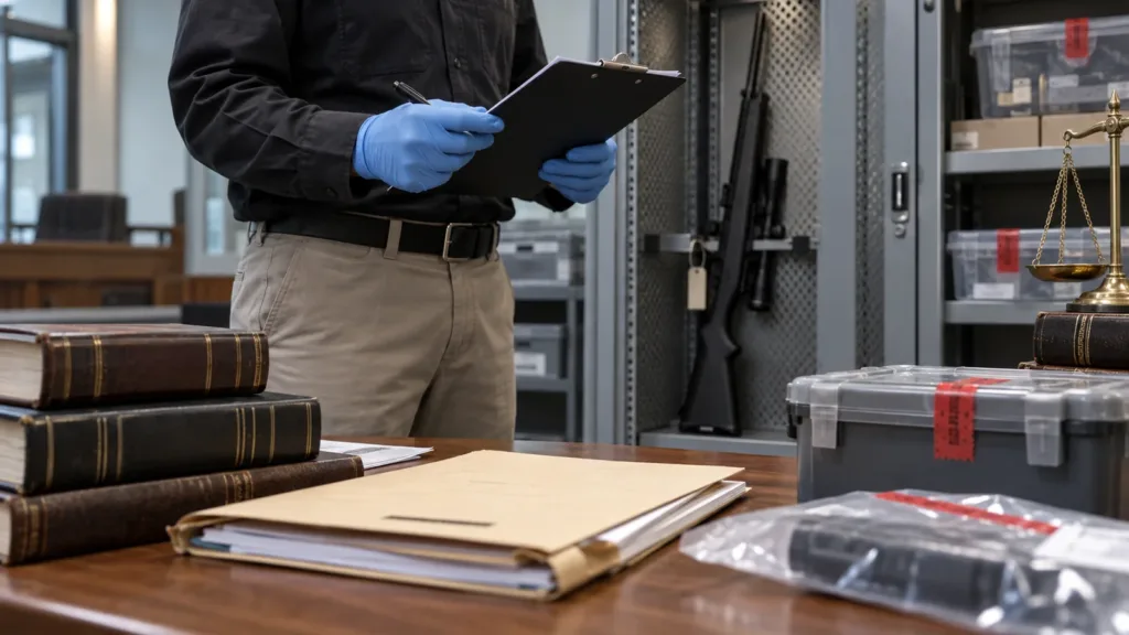 Legal evidence review with secured firearm in a courthouse setting