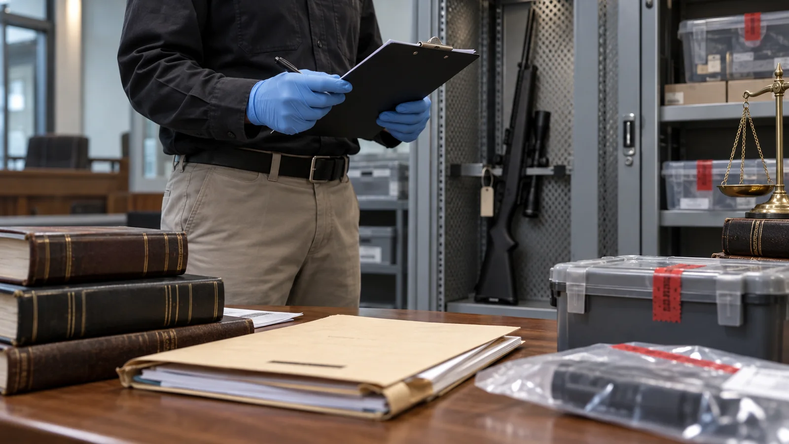 Legal evidence review with secured firearm in a courthouse setting