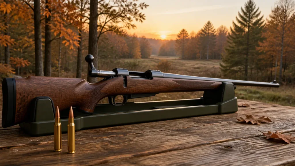 Two unbranded straight-wall rifle cartridges beside a secured bolt-action hunting rifle with its action open.