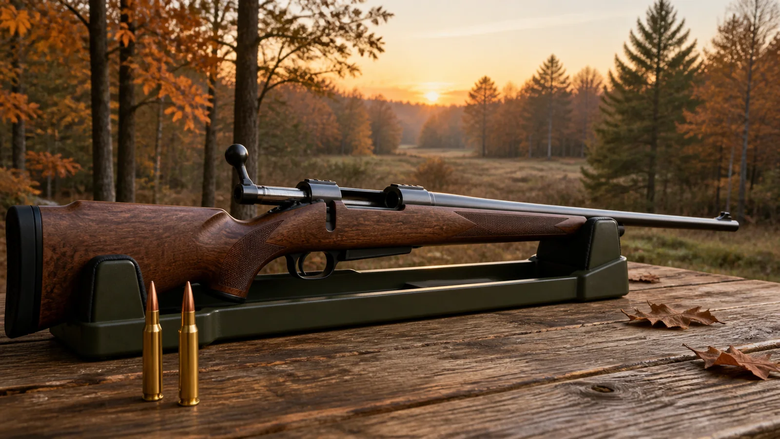 Two unbranded straight-wall rifle cartridges beside a secured bolt-action hunting rifle with its action open.
