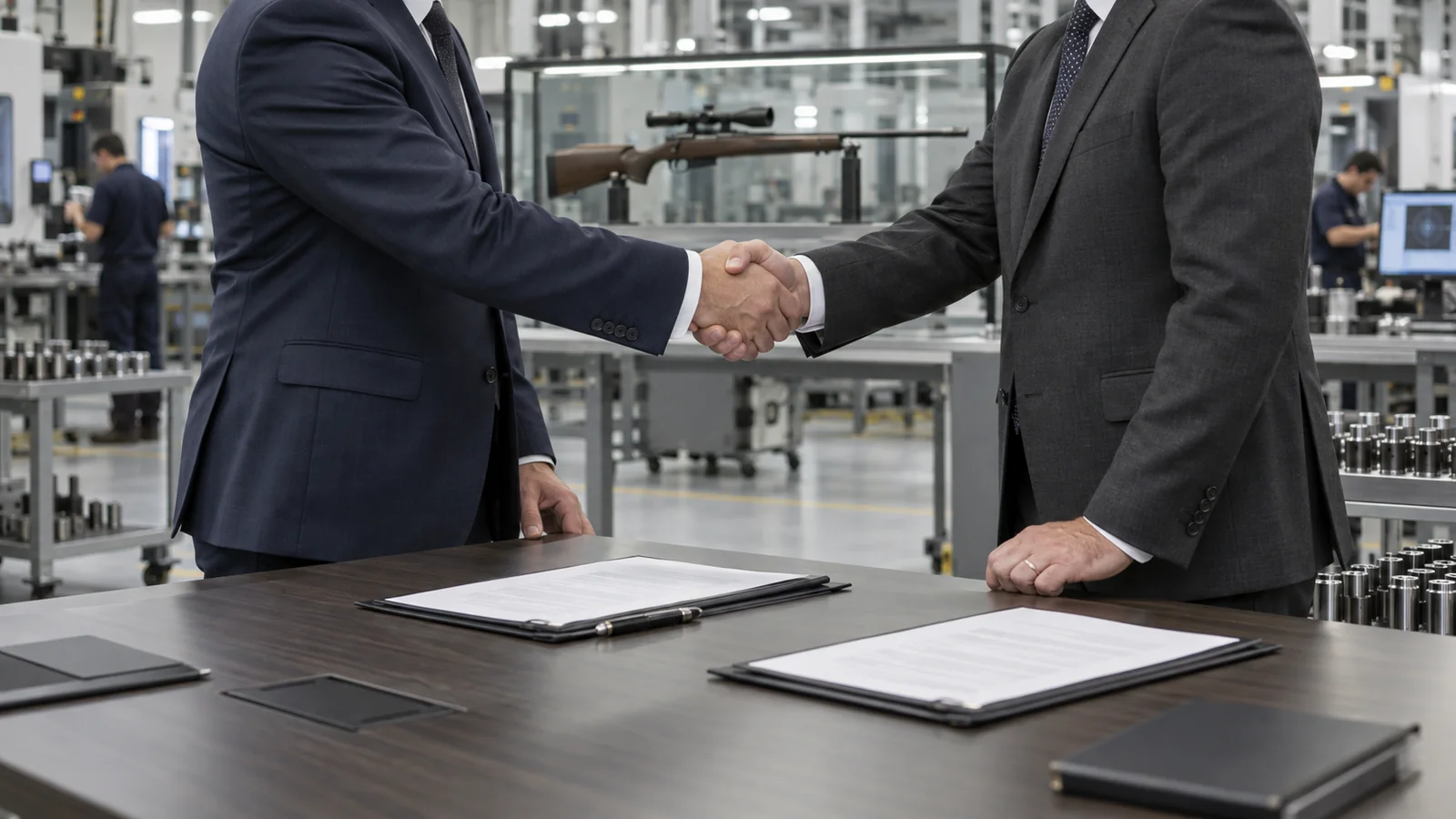Business representatives shake hands inside an unbranded firearms manufacturing facility
