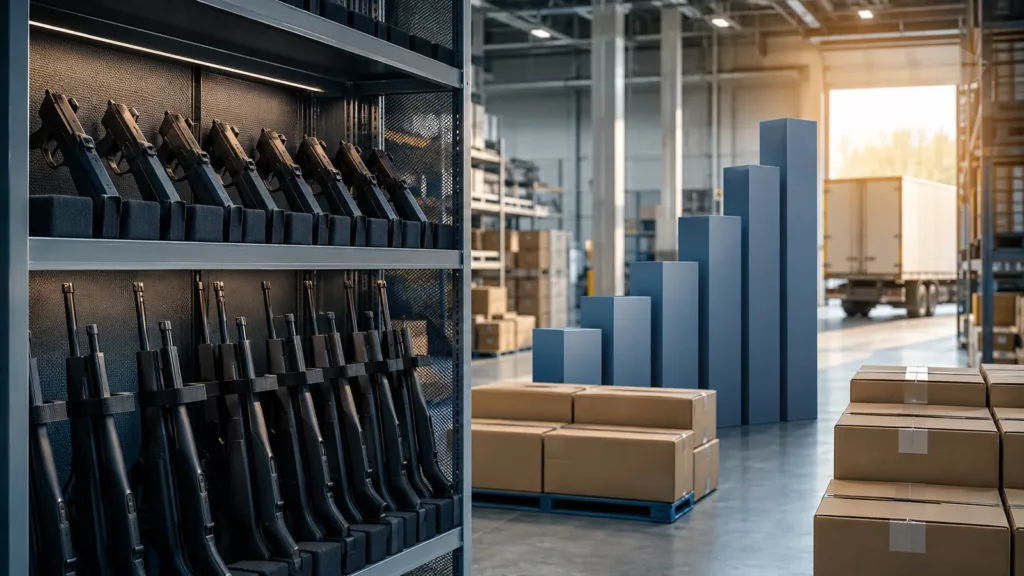 Secured unbranded firearms, shipping cartons, and abstract rising blocks inside a modern distribution facility.