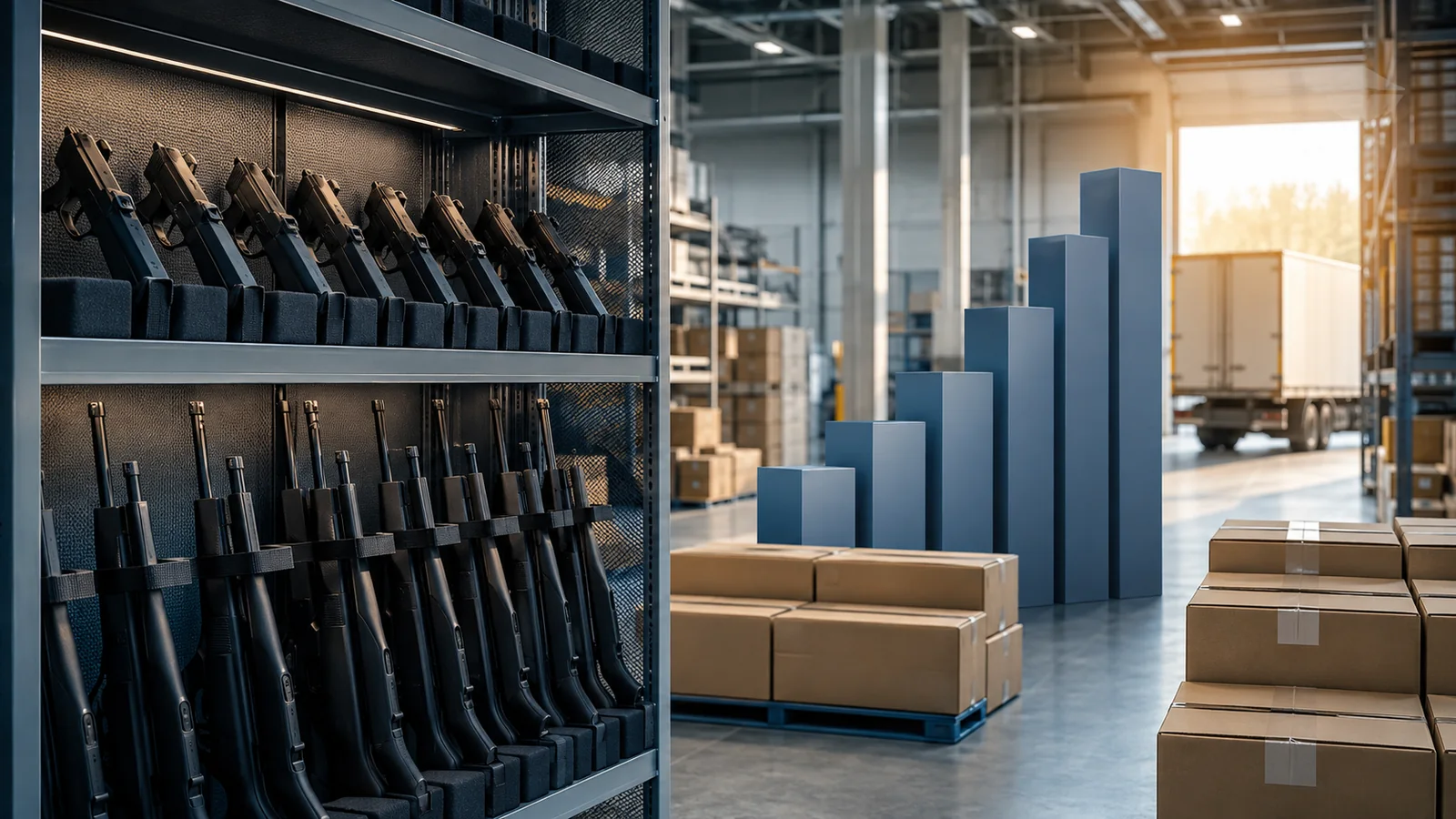 Secured unbranded firearms, shipping cartons, and abstract rising blocks inside a modern distribution facility.
