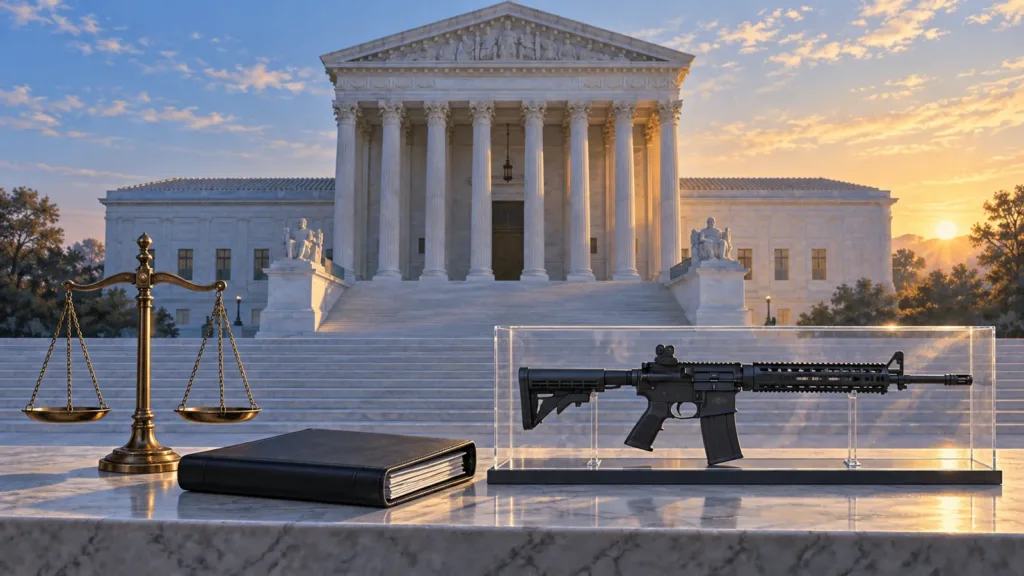 Editorial illustration of a courthouse, legal brief, scales of justice and a secured semiautomatic rifle.